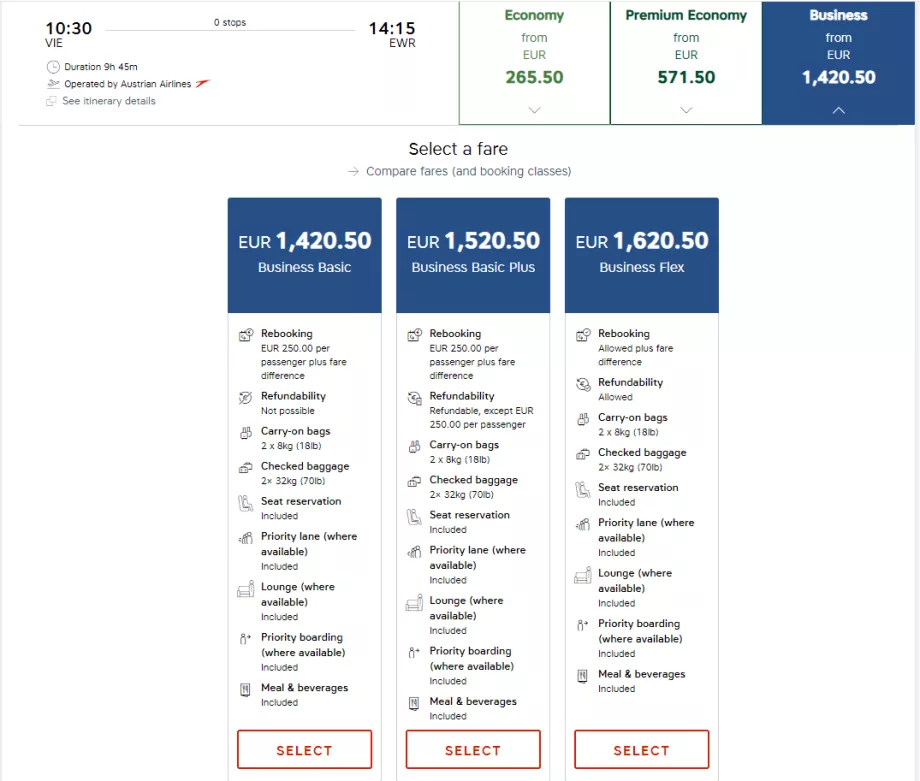 Business class tariffs