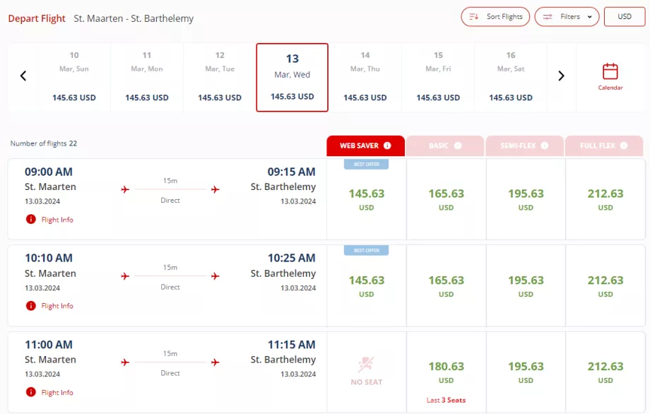 Winair, fare classes