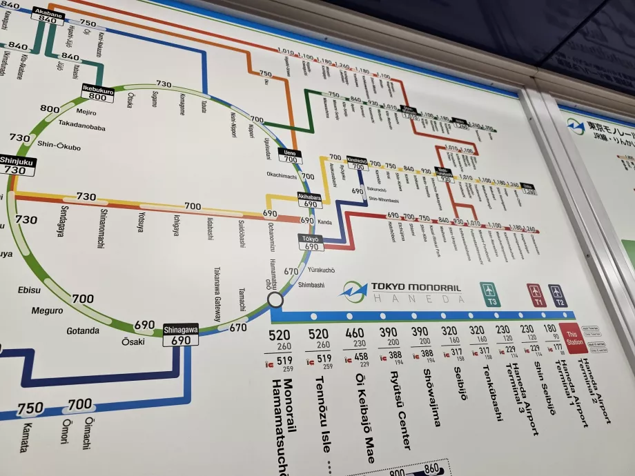 Monorail + JR rongide piletihindade kaart